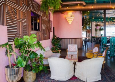 Sitting area inside Flamingo Deck beachside brunch and bar